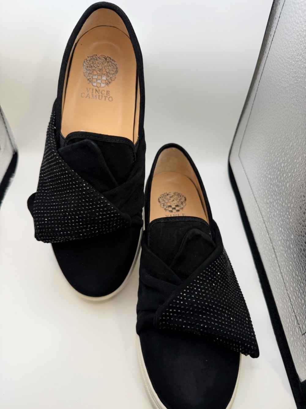 Vince Camuto Black Slip-On Flats with Crystal-Studded Bow